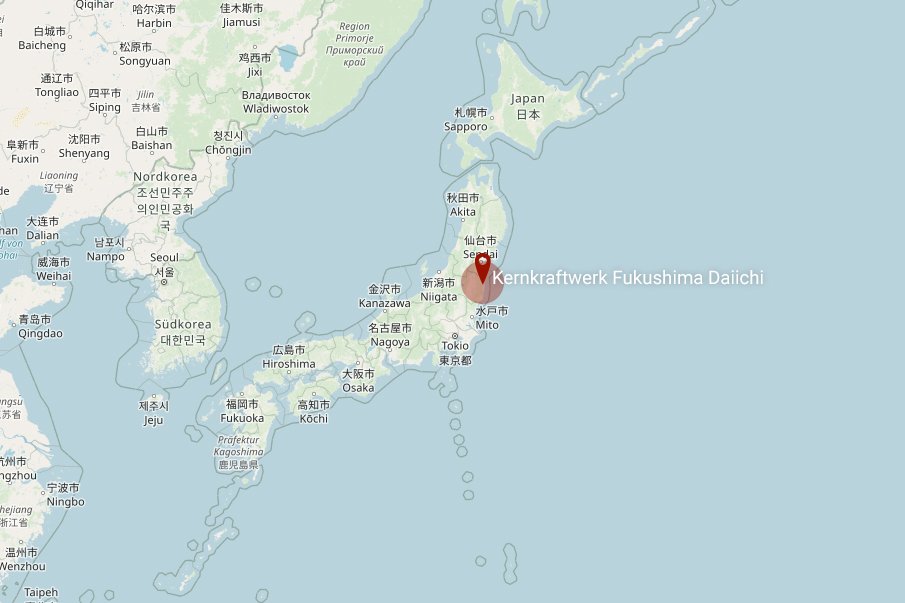 Fukushima markiert auf der Landkarte Japan